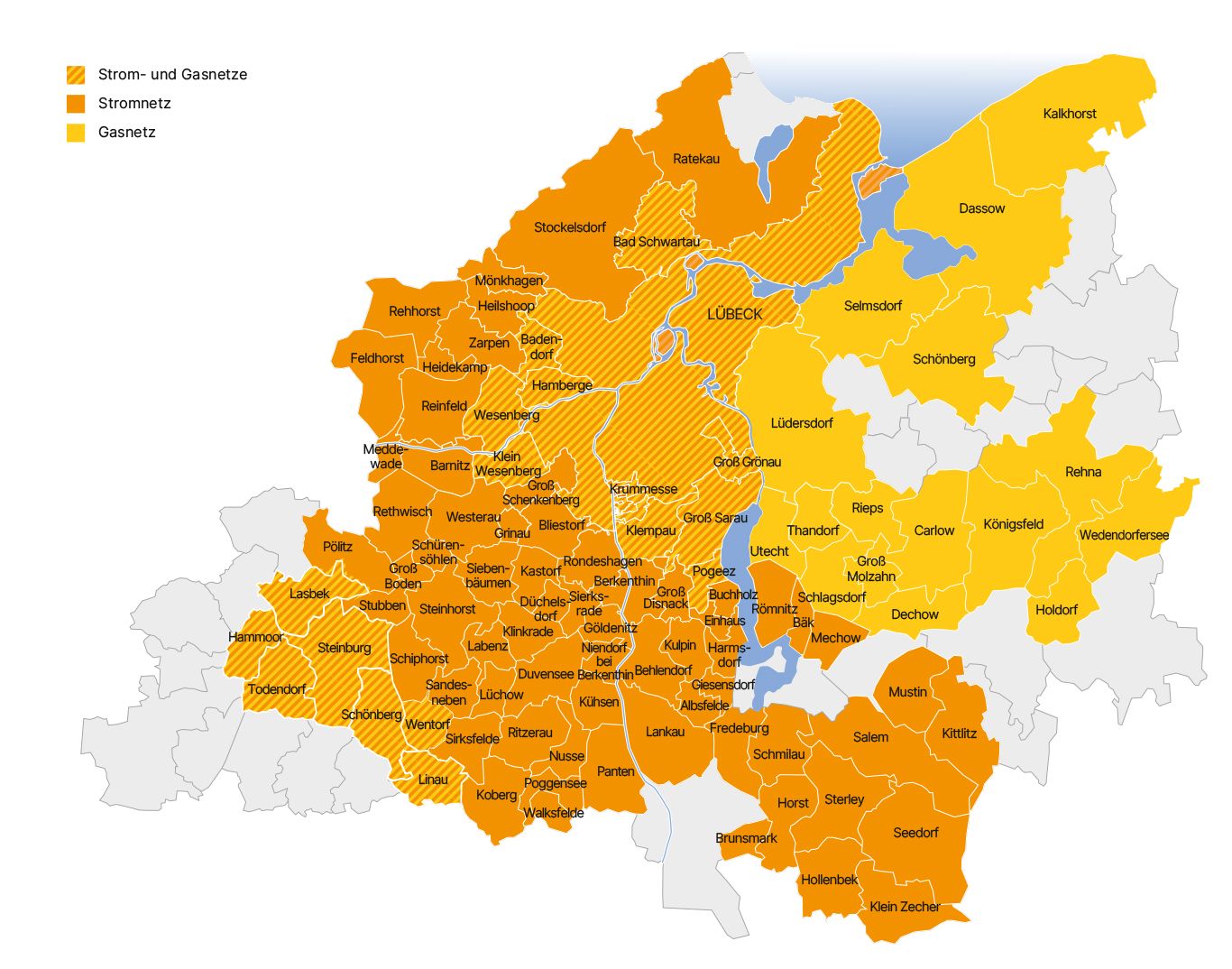 Karte mit dem Netzgebiet der TraveNetz